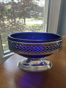 Oval Cobalt Blue Glass Dish In Silver Plated Frame - Picture 1 of 8