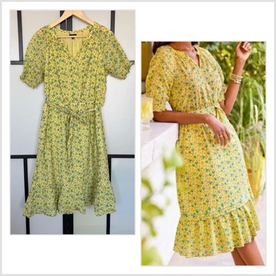 TALBOTS Cottagecore Floral Yellow Dress Femenine Women’s Large PETITE belted - Image 1 of 4