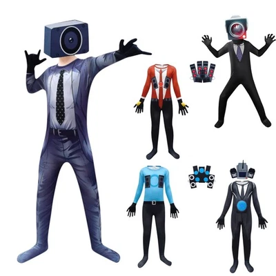Kids Skibidi Toilet Party Cosplay Bodysuits With Headwear Cartoon Game Outfit - Image 1 of 4