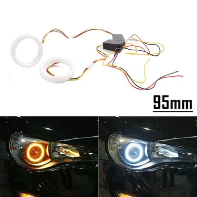 2x White Amber 95MM Switchback LED Angel Eyes Halo Rings Car Headlight Retrofit - Image 1 of 4