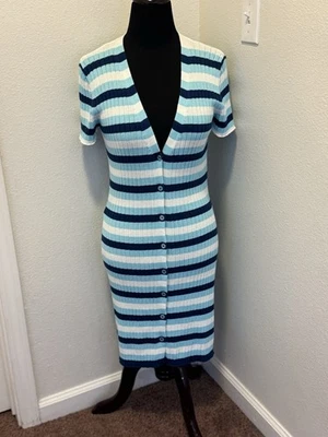 United Colors of Benetton Blue Striped Sweater Dress Cardigan Duster M NEW - Image 1 of 4