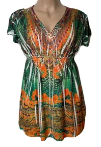 Shoreline Sublimation Midi Dress Green Orange Embellished V-Neck Empire Waist - Bild 1 von 7