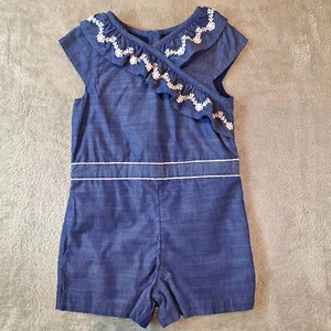 Janie and Jack Romper Girls Size 6 Blue Chambray Ruffle Embroidered Shorts Lined - Picture 1 of 7