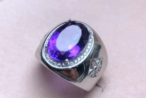 9 Carat Oval Cut Purple Amethyst Sterling Silver 925 Handmade Amethyst Mens Ring - Picture 1 of 6