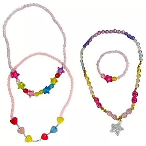 Kids Colorful 3 Beaded Necklace and 1 Bracelet Set with Star Charm Heart Charms - Picture 1 of 11