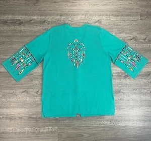 EUC Bob Mackie Teal Green MultiColor Embroidery Dream Catcher V-Neck Cardigan XL - Picture 1 of 7