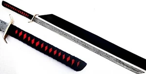 KATANA DAMASCUS STEEL JAPANESE WARRIOR SWORD BLADE BRASS GUARD & LEATHER SCAB - Picture 1 of 5