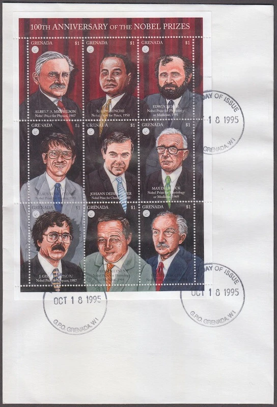 GRENADA Sc #2488a-i FDC SHEETLET of 9 DIFF NOBEL PRIZE LAUREATES - Image 1 of 1