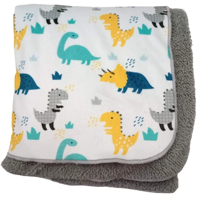 Manta de dinosaurio para niños Manhattan gris Sherpa trasero amarillo verde blanco azul Foto 1 de 3