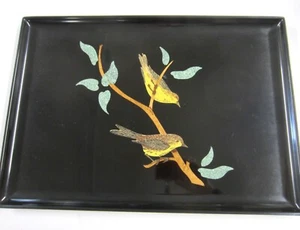 Mid Century COUROC Monterey CA Lg BLACK Lacquer TRAY YELLOW BIRDS Goldfinches - Picture 1 of 8