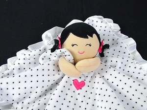 Carters Girl Lovey Security Blanket Black Hair Satin Edge Back Rattle Polka Dot - Picture 1 of 4