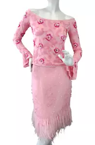 NWT ESCADA Pink Beaded Embellished Feather Trim Knee Length Skirt 42 12 Large - Picture 1 of 9