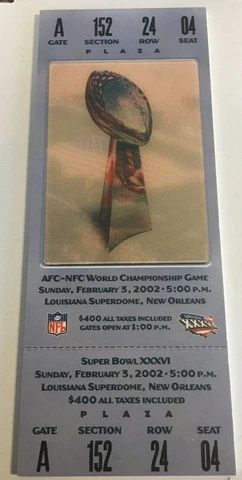 2002 Super Bowl 36 Mini-Mega Ticket Patriots VS ST. Louis Rams 14 x 6" DM1 Cover