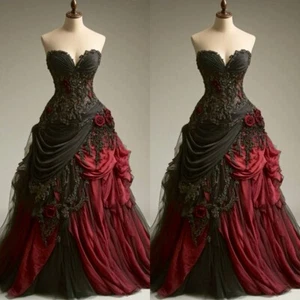 Gothic Black and Red Wedding Dresses 3D Rose Floral Pleated Corset Bridal Gowns - Picture 1 of 7