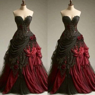 Gothic Black and Red Wedding Dresses 3D Rose Floral Pleated Corset Bridal Gowns - Image 1 of 4