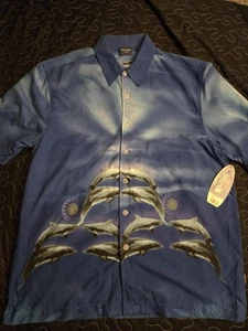 Vintage Sideout Mens Sz Large Y2K Blue Dolphin Digitized Hawaiian Shirt With Tag - Picture 1 of 8