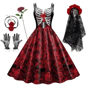 Halloween Kleid Damen – Cosplay Schädel & schwarze Rose | Gothic Hexe Vintage - Bild 1 von 11
