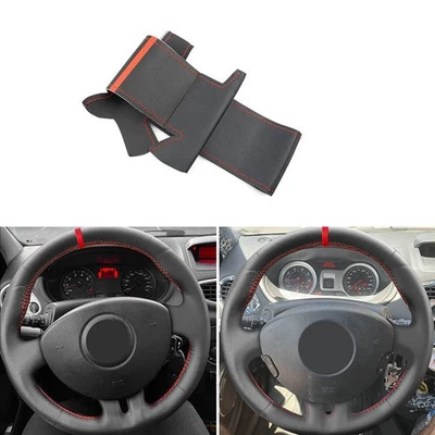 DIY Black+Red For Renault Clio 3 RS 2005-2013 Leather Steering Wheel Panel Cover - Image 1 of 4