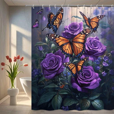 Butterfly Purple Rose Shower Curtain Floral Monarch Nature Art Bathroom Decor - Image 1 of 4