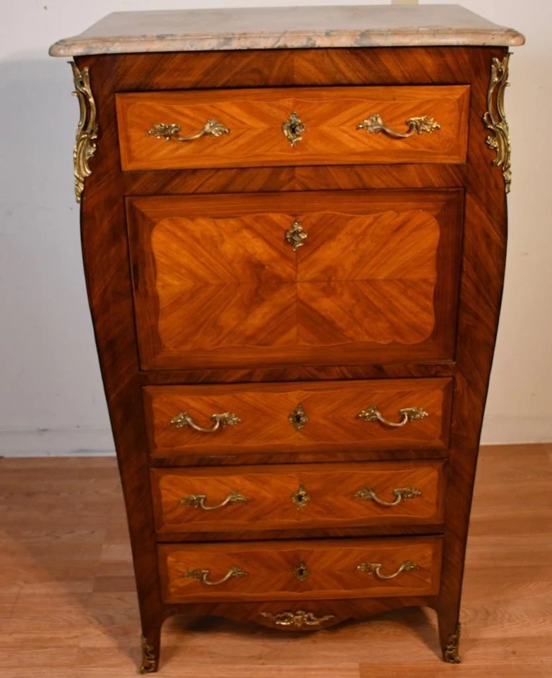 Antiguo escritorio de secretaria francés Luis XV de nogal con incrustaciones de madera satinada y mármol Foto 1 de 4