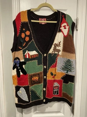 VTG 80s Cambridge Country Store Size L Christmas Sweater Vest Cotton Patchwork - Image 1 of 4