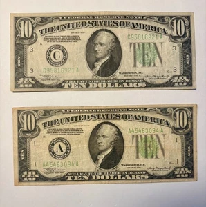 1934A $10 Ten Dollar Green Seal Federal Reserve Notes • Lot of 2 • Circulated - Picture 1 of 8