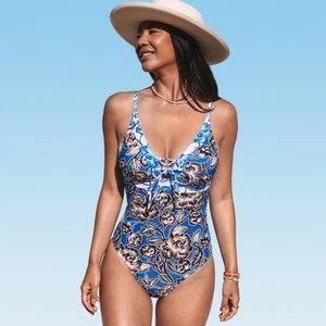 Cupshe Floral V-Neck, Self-Tie Back, Tummy Control Front One Piece Swimsuit - Picture 1 of 15