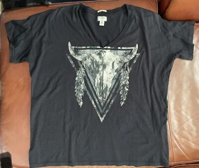 Camiseta DSRL Boyfriend Negra Toro Nativo Americano Navajo Indio Mujer GRANDE USADA EN EXCELENTE ESTADO Foto 1 de 3