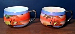 HTF 2 Antique CHIKARAMACHI Hand Painted Lusterware Cup 1920's Japan Blue Orange - Picture 1 of 8