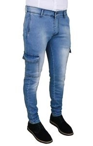 JEANS UOMO BLU CARGO DENIM CHIARO PANTALONI SKYNNY SLIM FIT CON TASCONI LATERALI - Foto 1 di 3