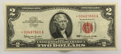 1963 $2.00 TWO DOLLAR RED SEAL STAR NOTE uncirculated LOW SERIAL NUMBER - Image 1 of 2