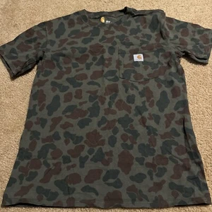 Carhartt T Shirt XS 0-2 Green Camo Juniors Original Fit Crewneck Logo Workwear - Picture 1 of 5