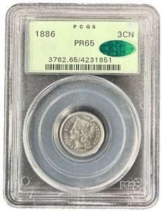 1886 3 Cent Nickel PR65 CAC PCGS Prooflike Surfaces - Picture 1 of 6