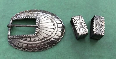 Leonard Platero Native Navajo Sterling Silver Art Ranger Belt Buckle & Keepers - Image 1 of 4