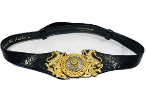 Judith Leiber Amen Wardy Wide Black Snakeskin Gold Plated Buckle Waist Belt - Picture 1 of 6