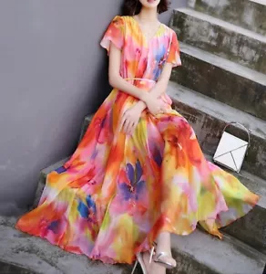 Maya Antonia Chiffon Maxikleid, blau-orange geblümt/kurzarm/Boho/Frühling - Bild 1 von 7