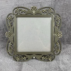Burnes of Boston Picture Frame Art Nouveau Beaded Crystal Metal Scroll 5x5 EUC - Picture 1 of 15