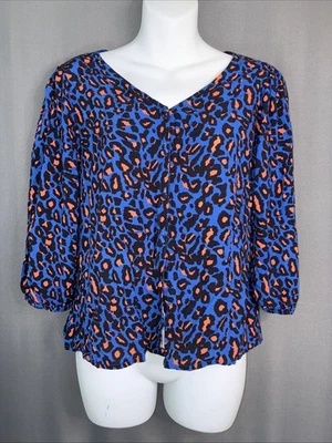 Esprit Peasant Top Medium Blue Colorful Leopard 3/4 Elastic Sleeve Button Up Y2K - Image 1 of 4
