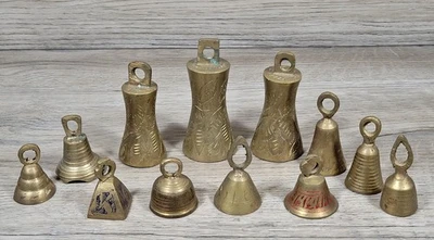 12 Vintage Etched Brass Small Bells Various Shapes Crafting Christmas -India - Image 1 of 4
