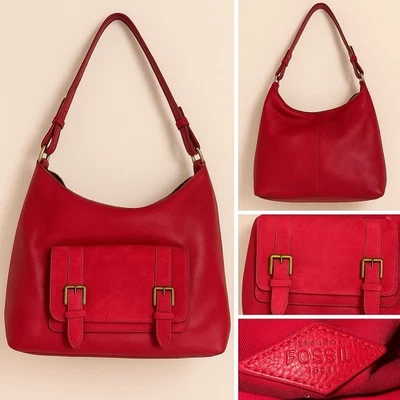 Bolso de hombro FOSSIL grande de cuero $ gamuza HOBO dorado hadware rojo cereza para mujer Foto 1 de 4