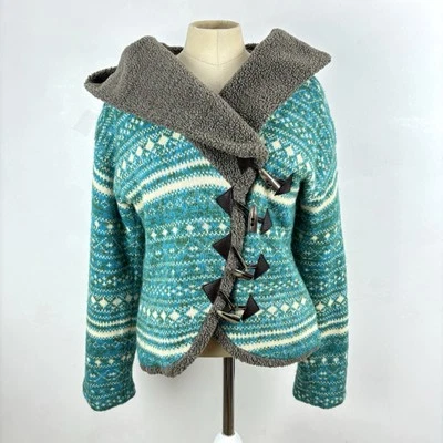 Chaqueta Cárdigan Free People Fairisle Con Capucha Verde Piel de Sherpa Forrada Y2K Gruesa L Foto 1 de 4