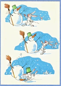 1964 Ukrainian humorous postcard HARES WANTED TO HAVE SNOWMAN'S CARROT - Foto 1 di 2