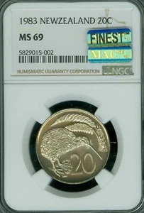 1983 NEW ZEALAND 20 CENTS NGC MS69 MAC FINEST MAC SPOTLESS - Picture 1 of 2