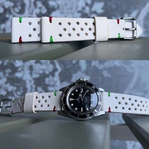20mm Cinturino In Vera Pelle Traforato Racing Rally Bianco Cuciture ITALIA - Imagen 1 de 5