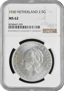 Netherlands 2 1/2 gulden 1930, NGC MS62, "Queen Wilhelmina (1890 - 1948)" - Picture 1 of 2