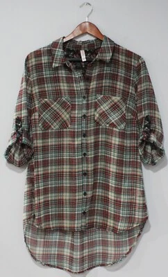 Xhilaration Shirt Women's Medium Red Plaid Button Up Roll Tab Long Sleeve Pocket - Image 1 of 4