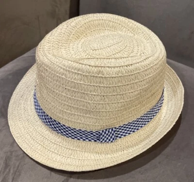 Sombrero cubo de paja para niños con banda a cuadros azul y blanco Foto 1 de 2
