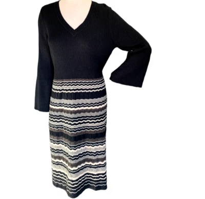 Vestido Nine West Negro Acanalado Tejido Negro Sólido con Rayas en Zigzag L #95G Foto 1 de 4