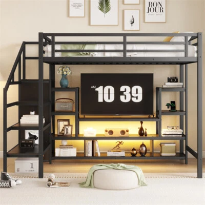 Full Size Metal Loft Bed with Storage TV Stand,Stairs,Open Wardrobe & LED Light  - Image 1 of 4