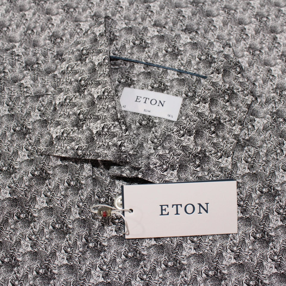 Camisa de vestir Eton nueva con etiquetas talla 42 16,5 calce ajustado negro/blanco estampado abstracto de cebra Foto 1 de 4